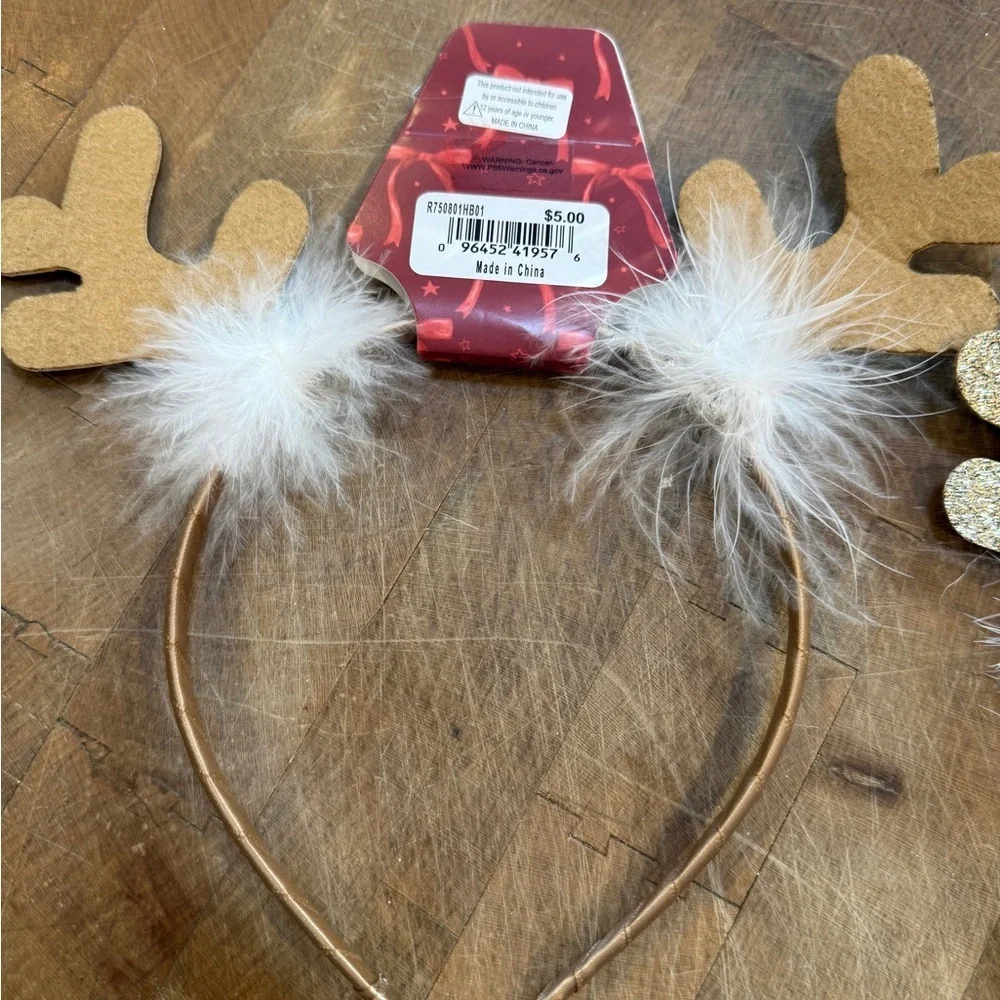 Gold Glitter Reindeer Headband White Feather Trim Christmas Holiday Set of 6